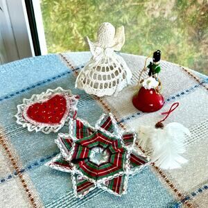 6 Vintage Christmas Ornaments Handmade Crochet Angel, Soldier, Wreath & More